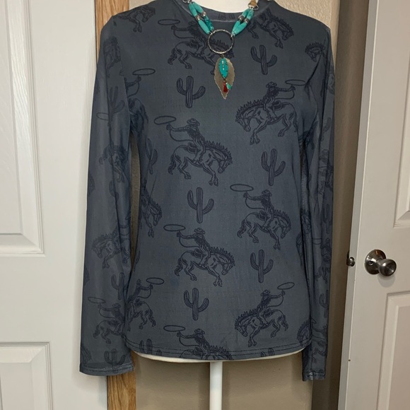 WESTERN Pattern Charcoal Gray and Black Mesh Shirt Mock Turtleneck Long Sleeve - Picture 2 of 7